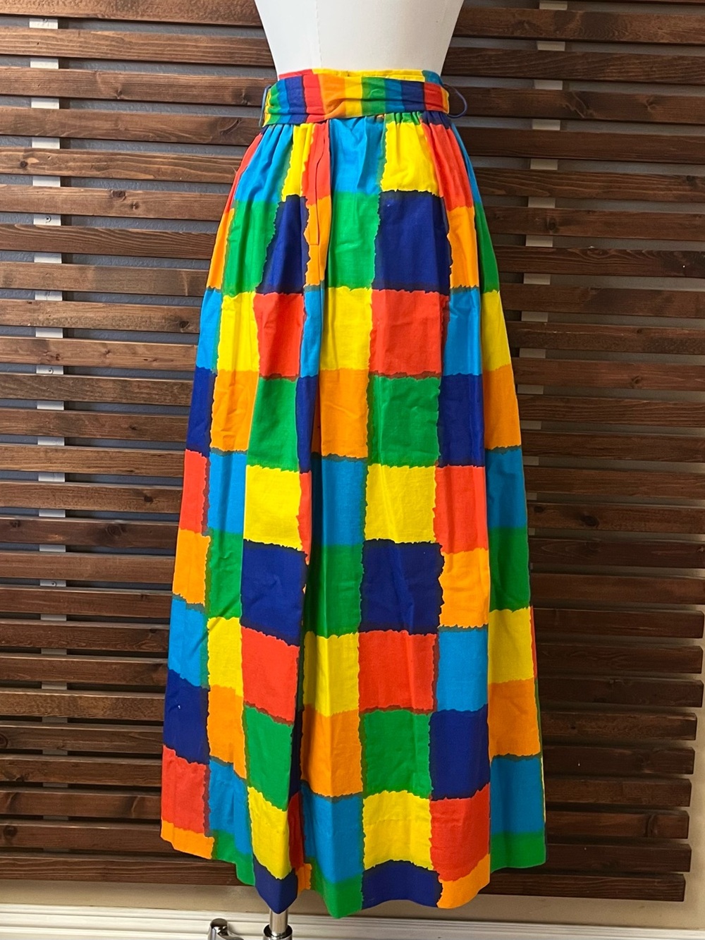 1970s 70s Vintage Rainbow Multicolor Patchwork Print High Tie Waist Maxi Skirt - Picture 7 of 11